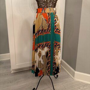 Chain & Scarf Print Pleated Midi Skirt | Multicolor | Size S/M
